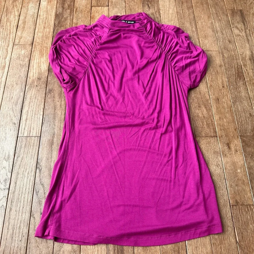 Y2K Cable & Gauge Ruched Sleeve Top Women S Mock Neck Stretch Magenta Barbiecore